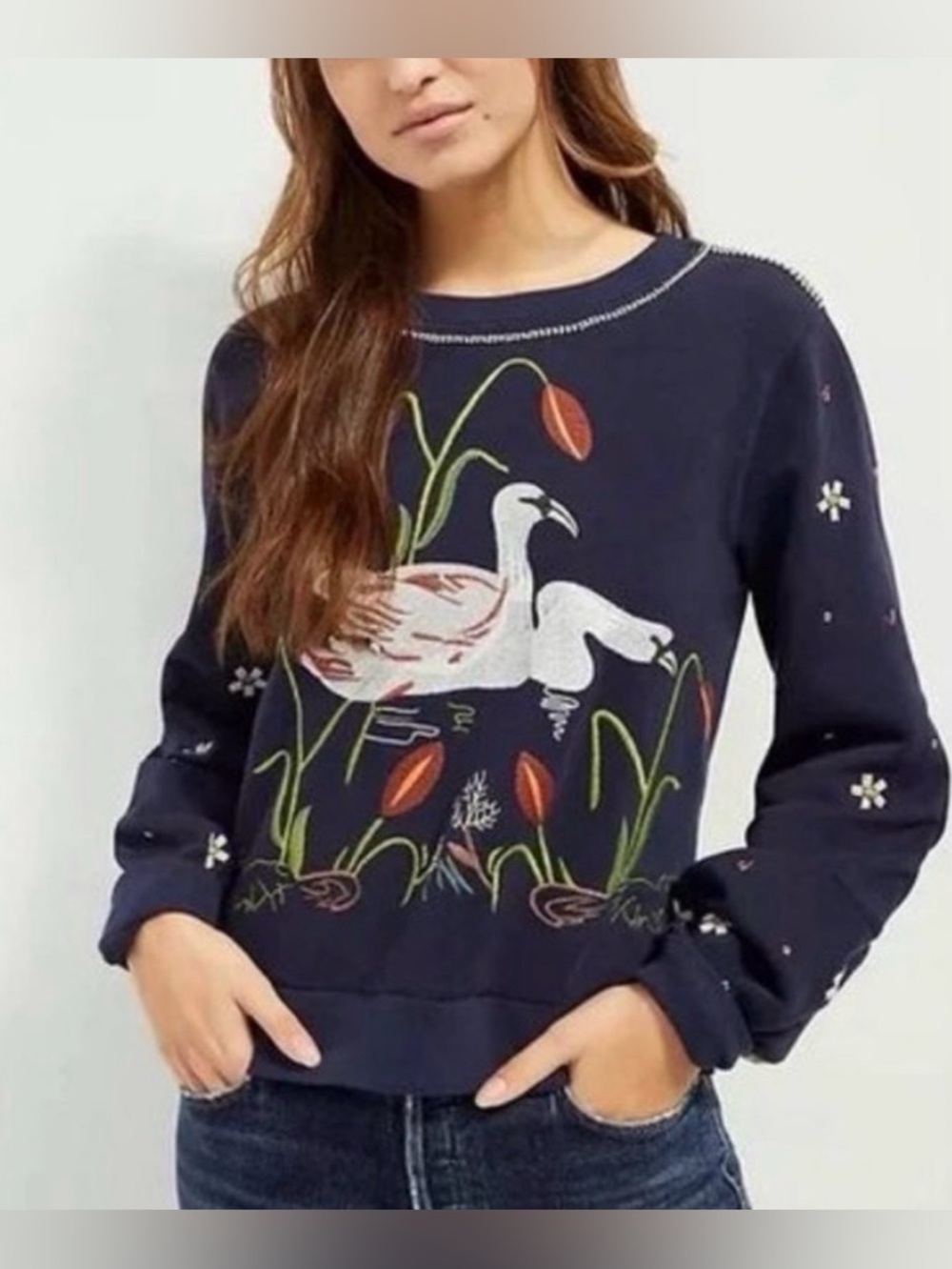 Anthropologie Swan Lake Embroidered Sweatshirt Size Large